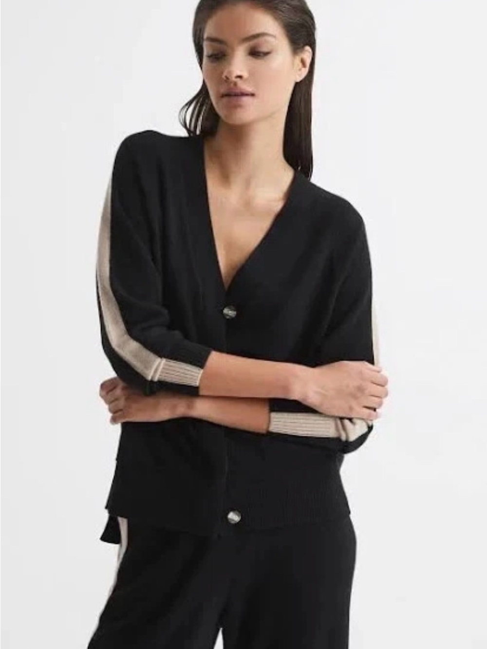 REISS Amber Black Camel Stripe Cashmere Cardigan XS - Picture 3 of 15